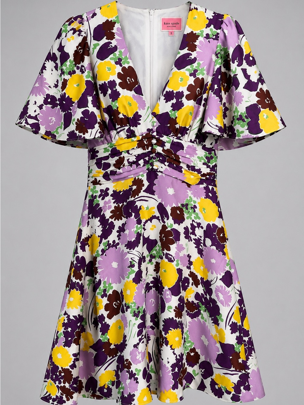 New (defaced) Kate Spade Purple, Yellow & Green Floral V-Neck Mini Dress